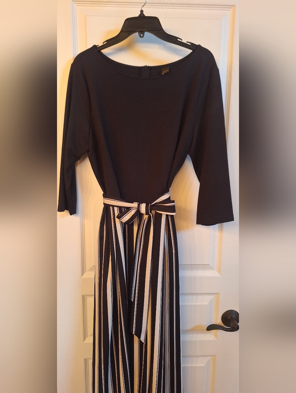 Elegant Black and White Striped Belted Women’s Dress